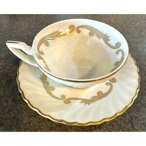 Vintage 1967 SYRACUSE Baroque Flat Demitasse Tea Cup & Saucer Set Gray Gold Rare